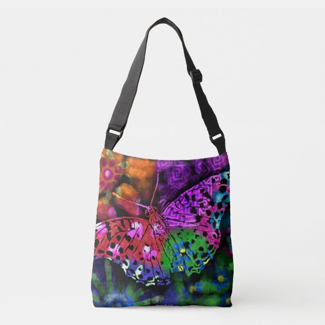 Butterfly Insect Abstract Purple Green Pink Orange Crossbody Bag (Front)