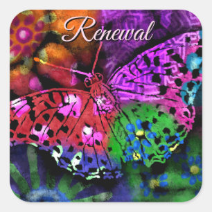 Butterfly Insect Abstract Purple Green Pink Orange Square Sticker