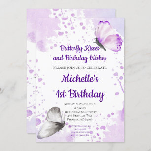 Butterfly Invitation, First 1st Birthday, Purple Invitation
