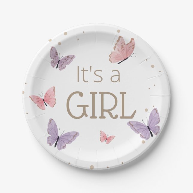 Butterfly It's a GIRL Baby Shower Paper Plate (Front)
