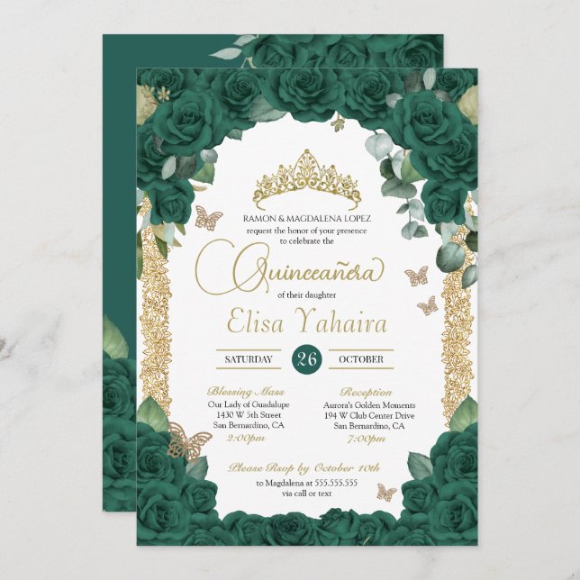 Butterfly Jade Green Rose and Gold Quinceanera Invitation (Front/Back)