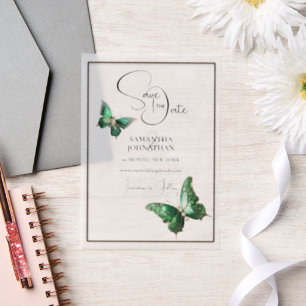 Butterfly jewel emerald green silver save the date vellum invitations