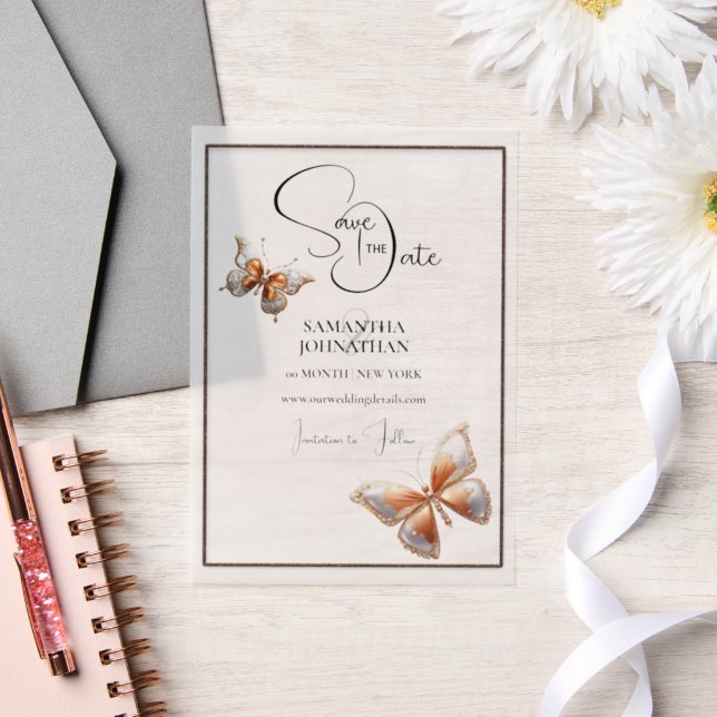 Butterfly jewel orange silver save the date vellum invitations (Wedding)
