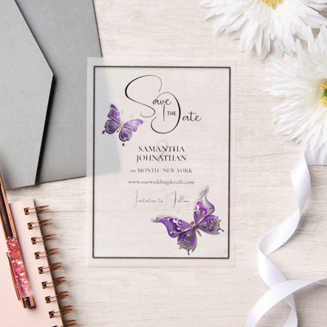 Butterfly jewel purple silver save the date vellum invitations (Wedding)