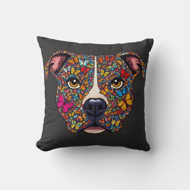 Butterfly Kaleidoscope Pitbull Portrait -Bully Mom Cushion (Front)