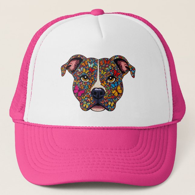 Butterfly Kaleidoscope Pitbull Portrait -Bully Mom Trucker Hat (Front)
