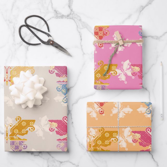 Butterfly Kimono Mix Pattern Wrapping Paper Sheet (Front)