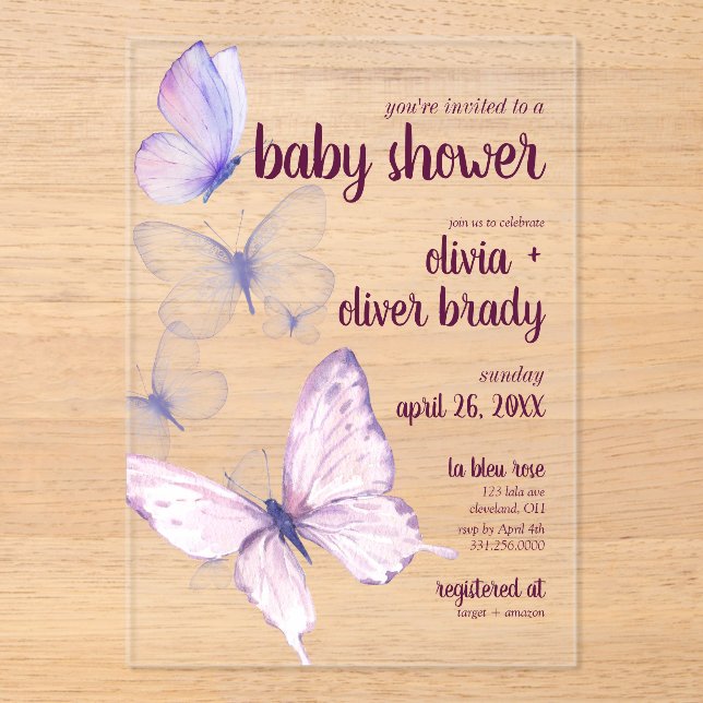 Butterfly Kiss & Baby Wishes | Baby Shower Purple Acrylic Invitations (Front)