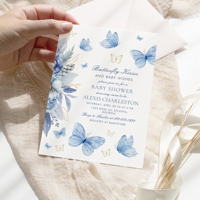 Butterfly Kisses and Baby Wishes Boy Baby Shower Invitation (Creator Uploaded)