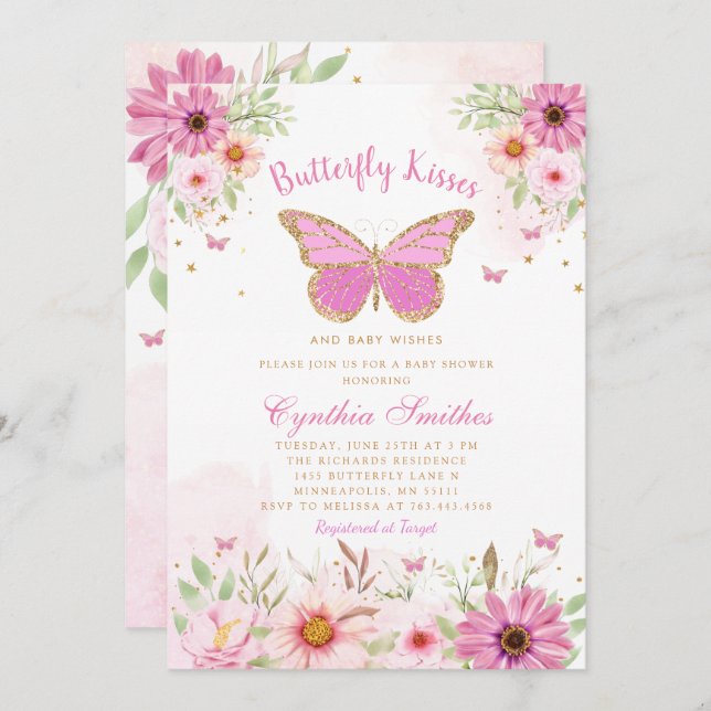 Butterfly Kisses and Baby Wishes Girl Baby Shower  Invitation (Front/Back)