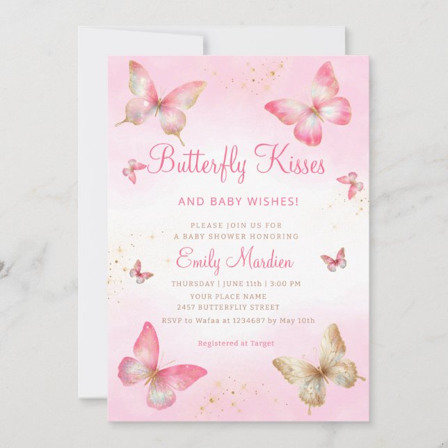 Butterfly Kisses and Baby Wishes Girl Baby Shower  Invitation (Front)