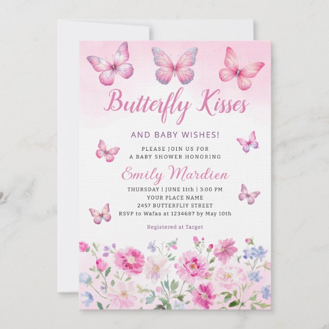 Butterfly Kisses and Baby Wishes girl Baby Shower Invitation (Front)