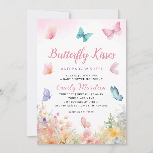 Butterfly Kisses and Baby Wishes girl Baby Shower Invitation (Front)