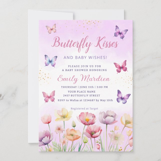 Butterfly Kisses and Baby Wishes Girl Baby Shower  Invitation (Front)
