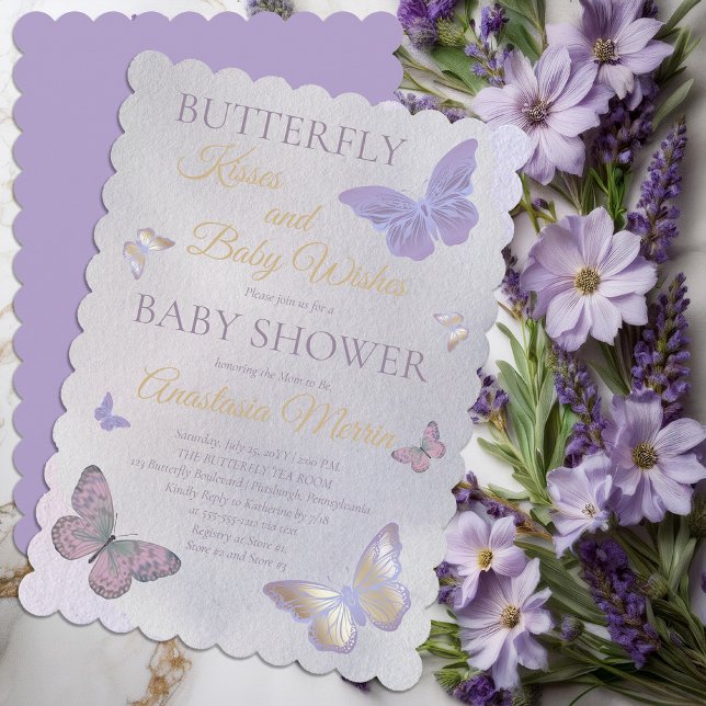 Butterfly Kisses and Baby Wishes Girl Baby Shower Invitation (Butterfly Kisses and Baby Wishes Girl Baby Shower Lavender and Gold Tone Invitation - Print Download)