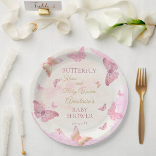 Butterfly Kisses and Baby Wishes Girl Baby Shower Paper Plate