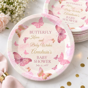 Butterfly Kisses and Baby Wishes Girl Baby Shower Paper Plate