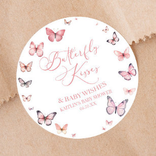 Butterfly Kisses and Baby Wishes Pink Baby Shower  Classic Round Sticker