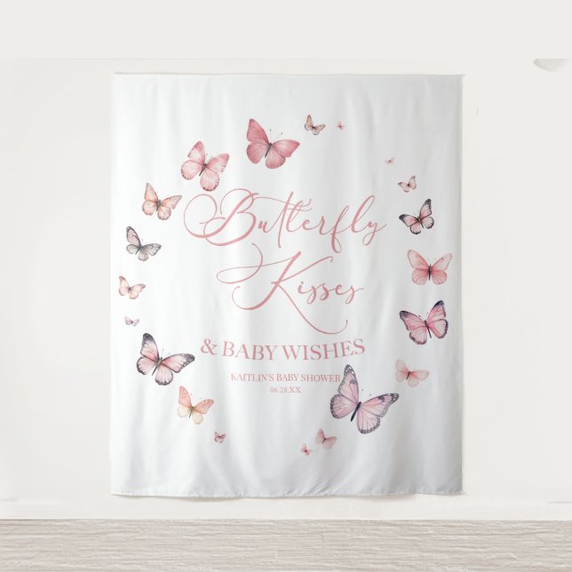 Butterfly Kisses and Baby Wishes Pink Baby Shower  Tapestry (Front)