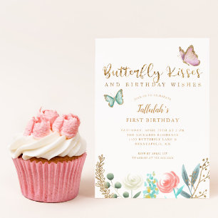 Butterfly Kisses and Birthday Wishes Gold Floral Invitation