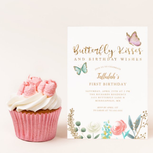 Butterfly Kisses and Birthday Wishes Gold Floral Invitation (Creator Uploaded)