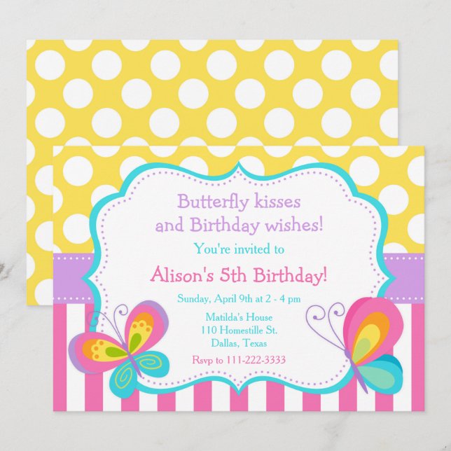 Butterfly Kisses and Birthday Wishes Party Invitation (Front/Back)