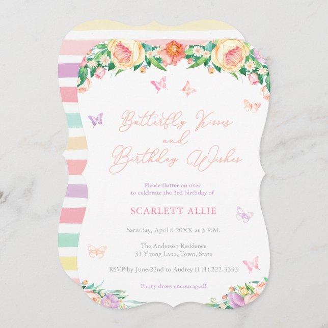 Butterfly Kisses and Birthday Wishes Pretty Party Invitation (Front/Back)
