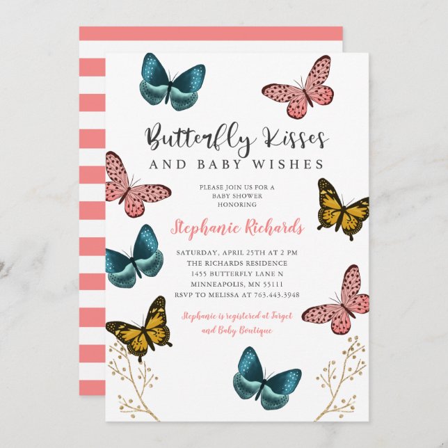 Butterfly Kisses and Wishes Pink Baby Shower Invitation (Front/Back)