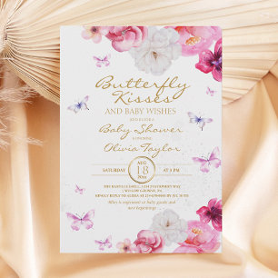  Butterfly Kisses Baby Shower Floral Pink Invitation