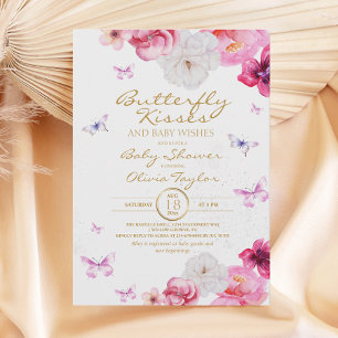  Butterfly Kisses Baby Shower Floral Pink Invitation