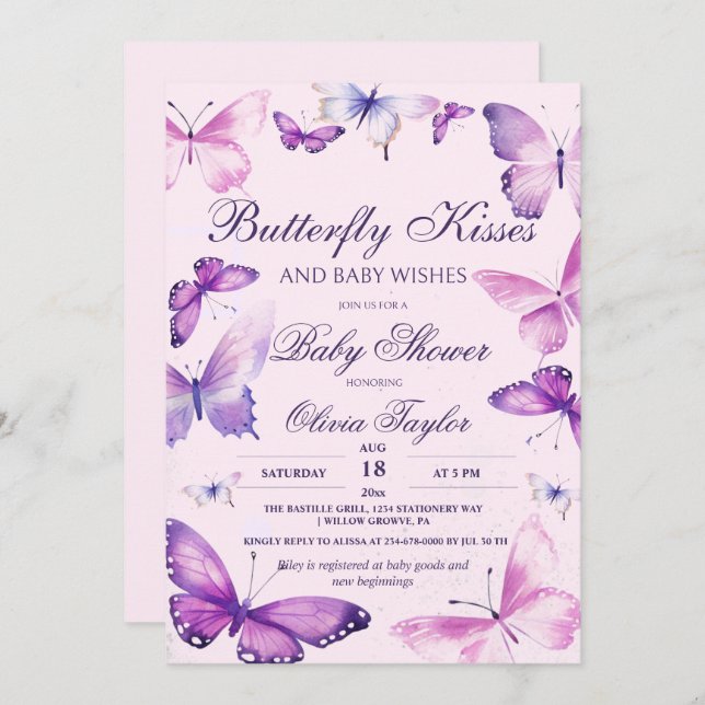 Butterfly Kisses Baby Shower Girl Purple Pink Inv Invitation (Front/Back)