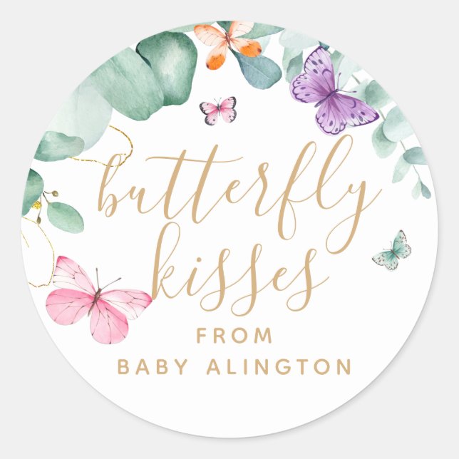 Butterfly Kisses Baby Shower Thank You Favour Classic Round Sticker (Front)