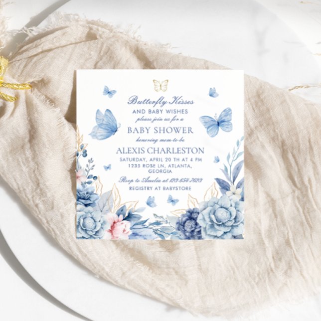 Butterfly Kisses & Baby Wishes Boy Baby Shower Invitation (Creator Uploaded)