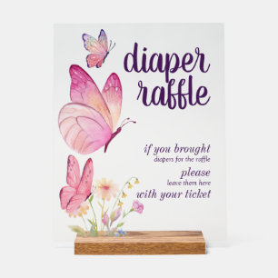 Butterfly Kisses Baby Wishes   Diaper Raffle Pink Acrylic Sign