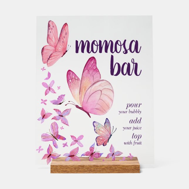 Butterfly Kisses & Baby Wishes | Momosa Bar Pink Acrylic Sign (Front)