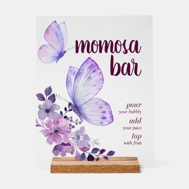 Butterfly Kisses & Baby Wishes | Momosa Bar Purple Acrylic Sign (Front)