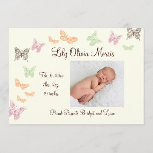 Butterfly Kisses Birth Announcement ivory