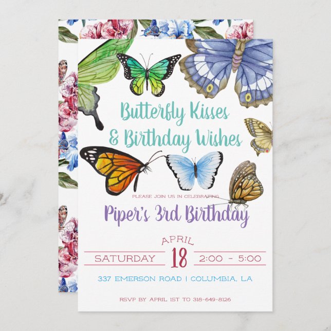 Butterfly Kisses Birthday Party Invitation (Front/Back)