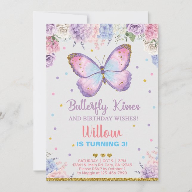 Butterfly kisses birthday wishes girl invite. invi invitation (Front)