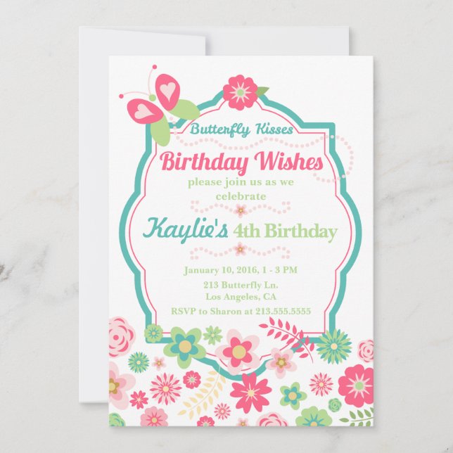 Butterfly Kisses & Birthday Wishes Invitation (Front)