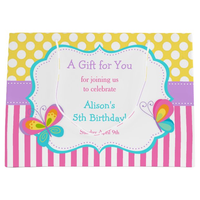 Butterfly Kisses & Birthday Wishes Party Thank You Large Gift Bag (Front)