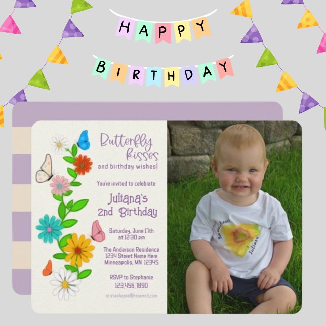 Butterfly Kisses & birthday wishes Photo Birthday Invitation (Creator Uploaded)