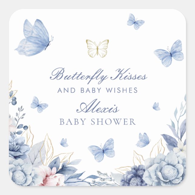 Butterfly Kisses Boy Baby Shower  Square Sticker (Front)