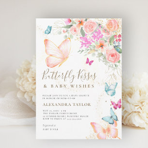 Butterfly Kisses Bright Floral Baby Girl Shower Invitation