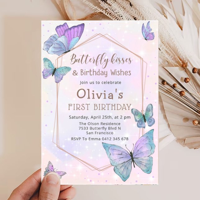 Butterfly Kisses Butterfly Girls Birthday Party Invitation (Creator Uploaded)
