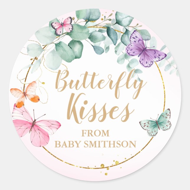 Butterfly Kisses Eucalyptus Pink Baby Shower Favou Classic Round Sticker (Front)