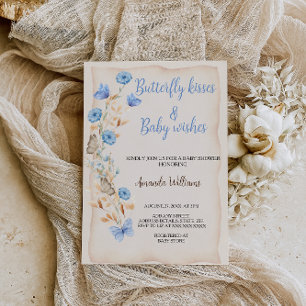 Butterfly Kisses Floral Boho Blue Baby shower Invitation