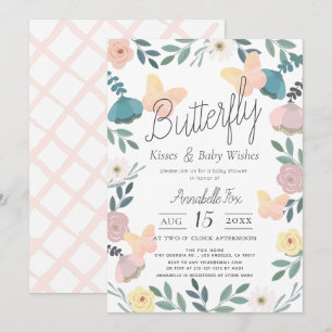 Butterfly Kisses Floral Garden Pink Baby Shower Invitation