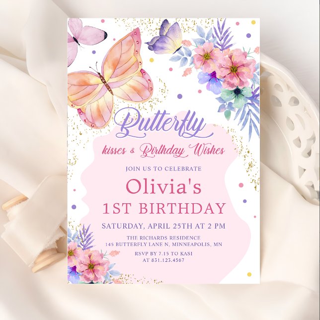 Butterfly Kisses Floral Pink Girl Birthday Invitation (Creator Uploaded)