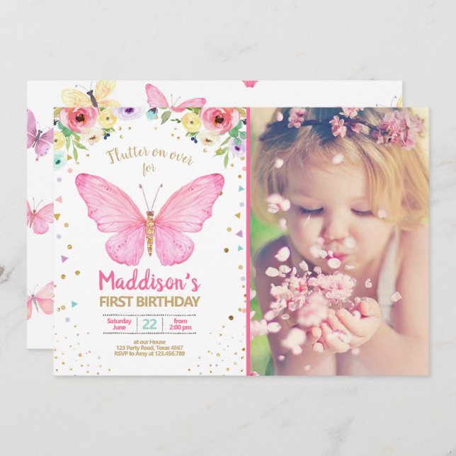 Butterfly Kisses Garden Floral Confetti Birthday Invitation (Front/Back)